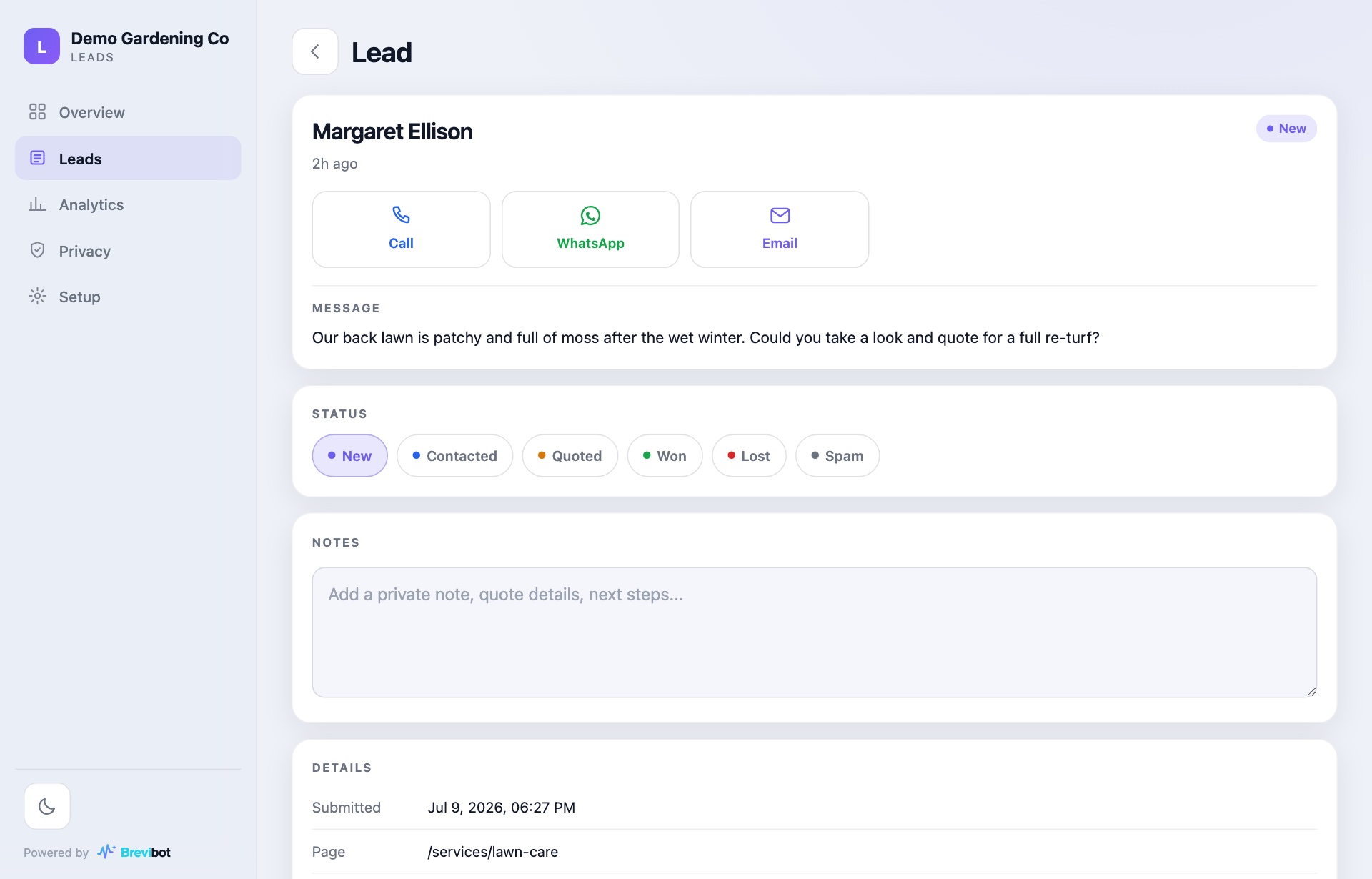 A single lead opened in the dashboard: the customer's name, a call, WhatsApp and email button, their full enquiry message about a lawn re-turf, status buttons and a notes field
