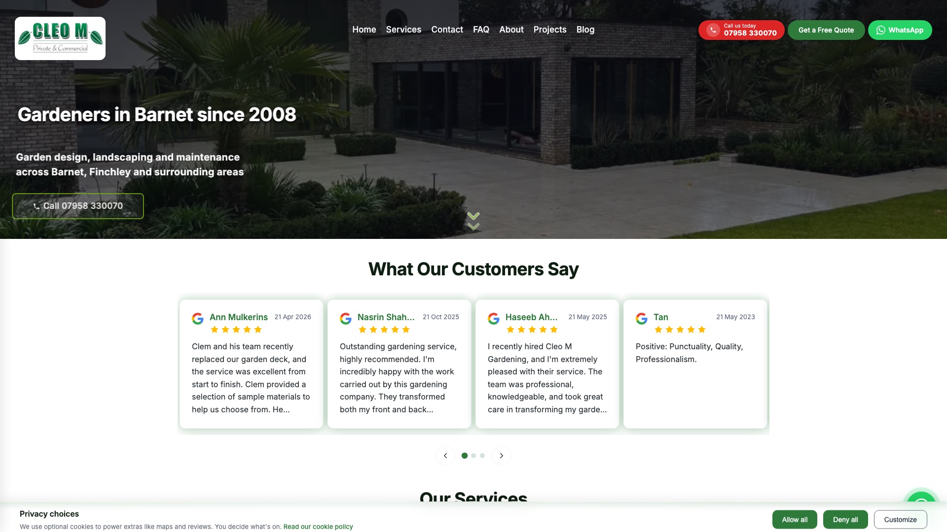The new Cleo M Gardening homepage: a large hero photo of a landscaped garden, the headline Gardeners in Barnet since 2008, click-to-call and WhatsApp buttons, and a row of five-star Google reviews